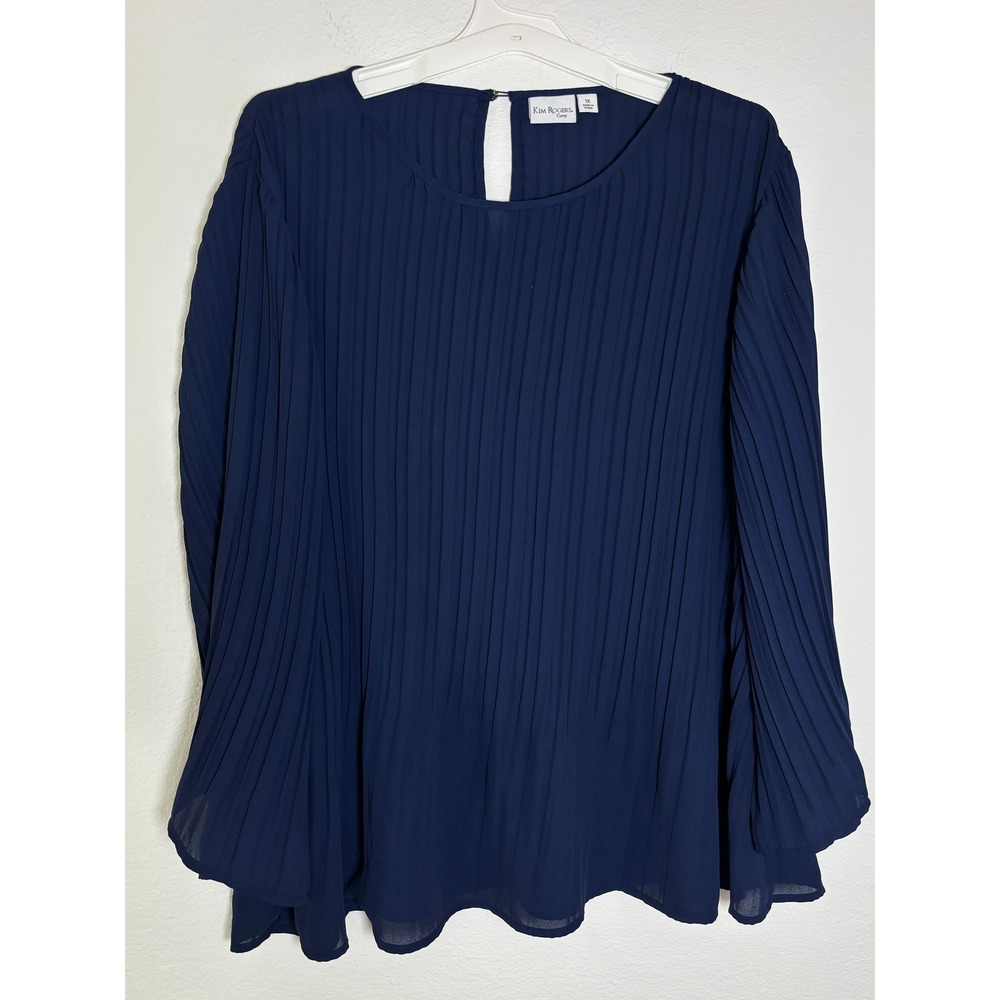Kim Rogers Curvy Navy Blue Pleated Long Bell Sleeve Blouse Top Plus Size 1X